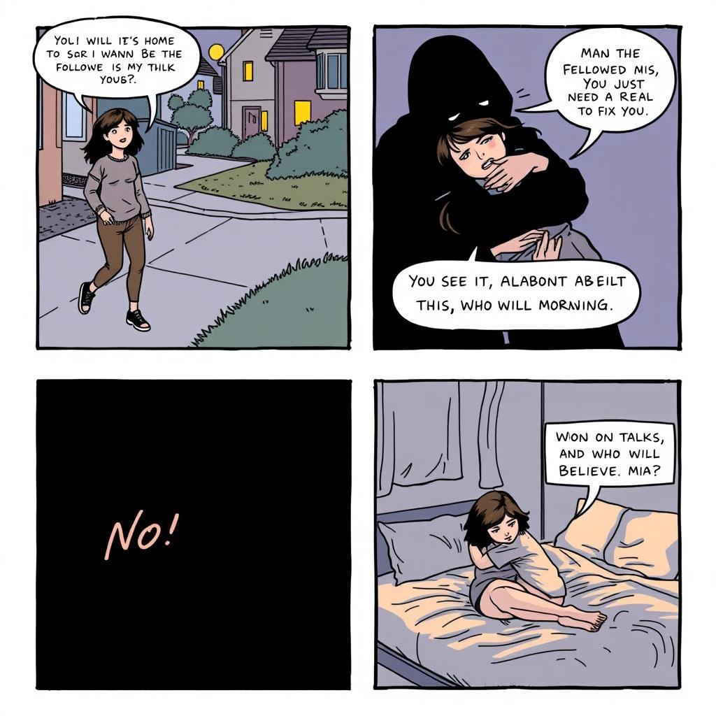 A comic strip featuring four panels depicting a young lesbian woman named Mia experiencing a hidden crime