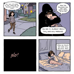 A comic strip featuring four panels depicting a young lesbian woman named Mia experiencing a hidden crime