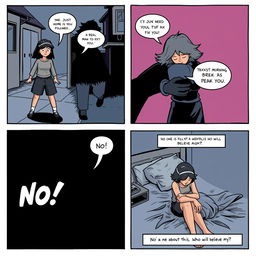 A comic strip featuring four panels depicting a young lesbian woman named Mia experiencing a hidden crime