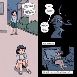 A comic strip featuring four panels depicting a young lesbian woman named Mia experiencing a hidden crime