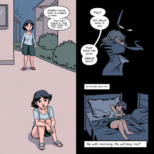 A comic strip featuring four panels depicting a young lesbian woman named Mia experiencing a hidden crime