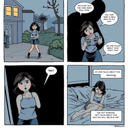A comic strip featuring four panels depicting a young lesbian woman named Mia experiencing a hidden crime