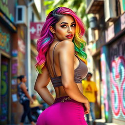 A stunning Latina woman with vibrant rainbow-colored hair, showcasing her big curves with a pronounced booty and ample bosom