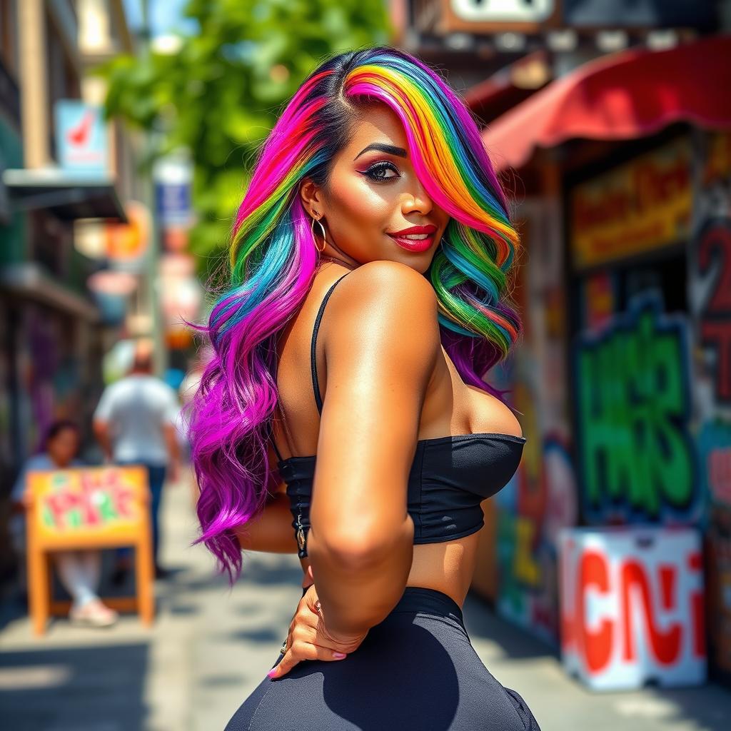A stunning Latina woman with vibrant rainbow-colored hair, showcasing her big curves with a pronounced booty and ample bosom