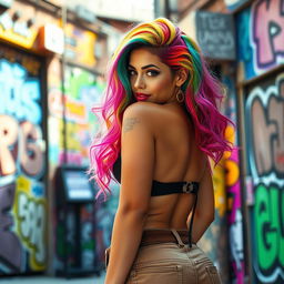 A stunning Latina woman with vibrant rainbow-colored hair, showcasing her bold personality