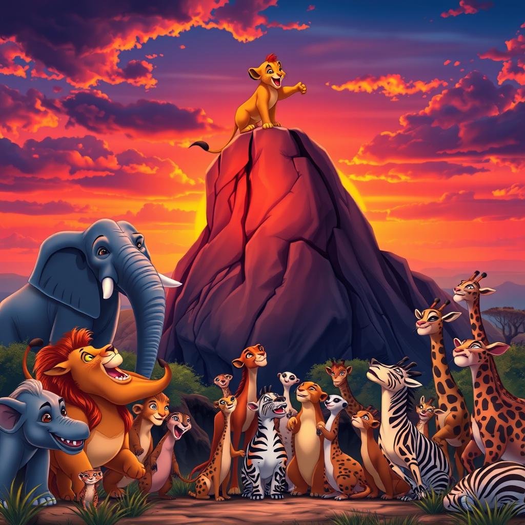 A vibrant scene inspired by The Lion King, depicting a majestic Pride Rock with various animals gathered around in celebration