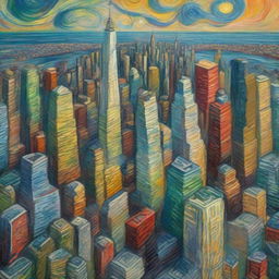 An aerial view of a sprawling New York cityscape, painted in Vincent Van Gogh's signature post-impressionistic style with energetic swirls and dramatic colors.