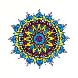 An intricately designed and colorful mandala art piece, featuring geometric patterns with bold colors like blues, reds, and yellows