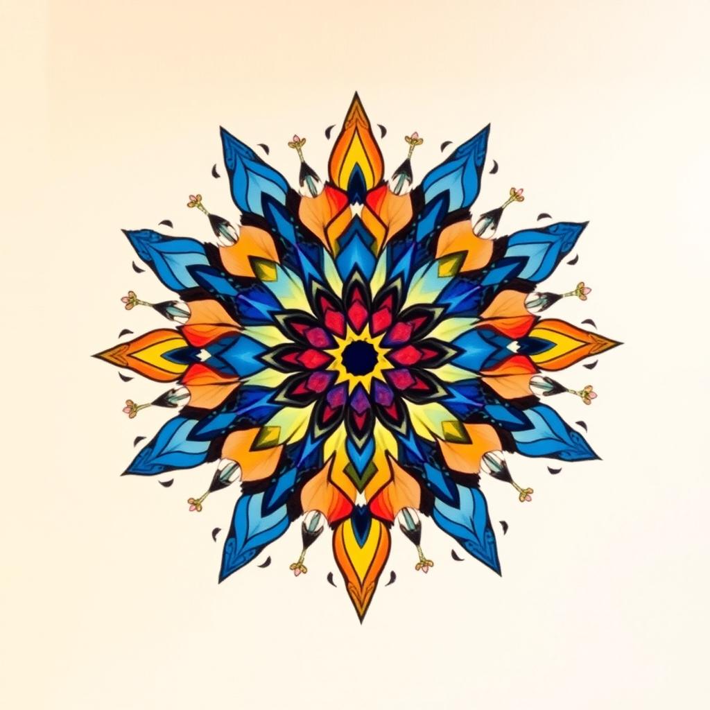 An intricately designed and colorful mandala art piece, featuring geometric patterns with bold colors like blues, reds, and yellows