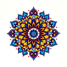 An intricately designed and colorful mandala art piece, featuring geometric patterns with bold colors like blues, reds, and yellows