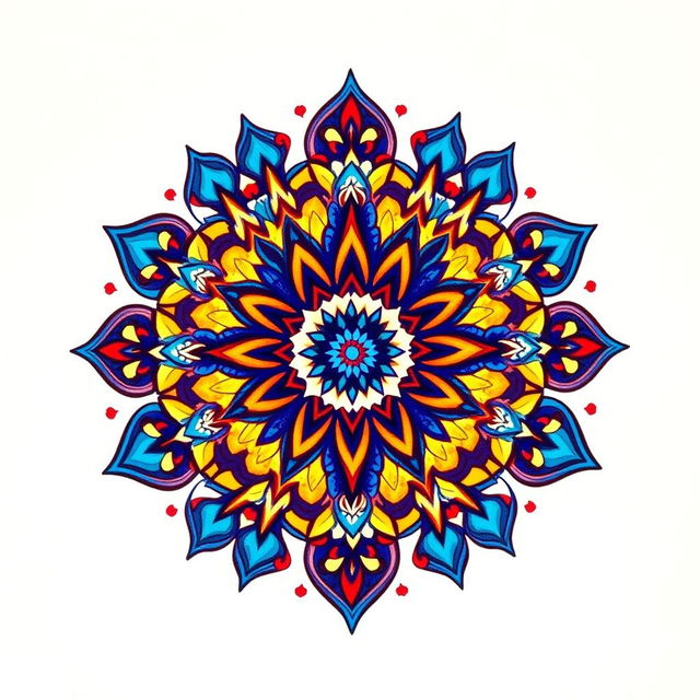 An intricately designed and colorful mandala art piece, featuring geometric patterns with bold colors like blues, reds, and yellows
