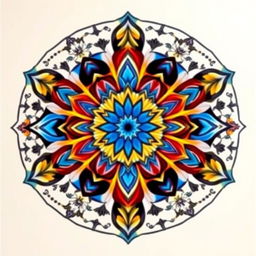 An intricately designed and colorful mandala art piece, featuring geometric patterns with bold colors like blues, reds, and yellows