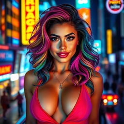 A vibrant, colorful portrait of a confident Latina woman with big features, showcasing a stunning look with rainbow-colored hair