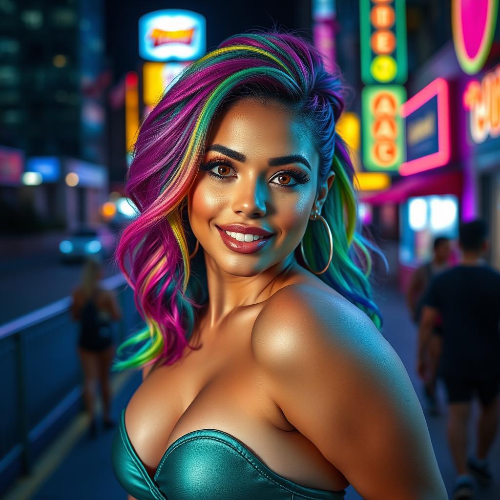 A vibrant, colorful portrait of a confident Latina woman with big features, showcasing a stunning look with rainbow-colored hair