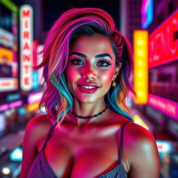 A vibrant, colorful portrait of a confident Latina woman with big features, showcasing a stunning look with rainbow-colored hair
