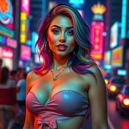 A vibrant, colorful portrait of a confident Latina woman with big features, showcasing a stunning look with rainbow-colored hair