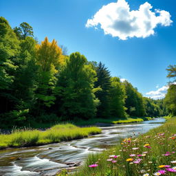 A beautifully edited landscape photograph showcasing a lush green forest with sunlight filtering through the leaves, illuminating the vibrant colors of nature
