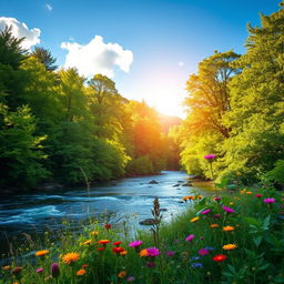 A beautifully edited landscape photograph showcasing a lush green forest with sunlight filtering through the leaves, illuminating the vibrant colors of nature