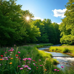 A beautifully edited landscape photograph showcasing a lush green forest with sunlight filtering through the leaves, illuminating the vibrant colors of nature