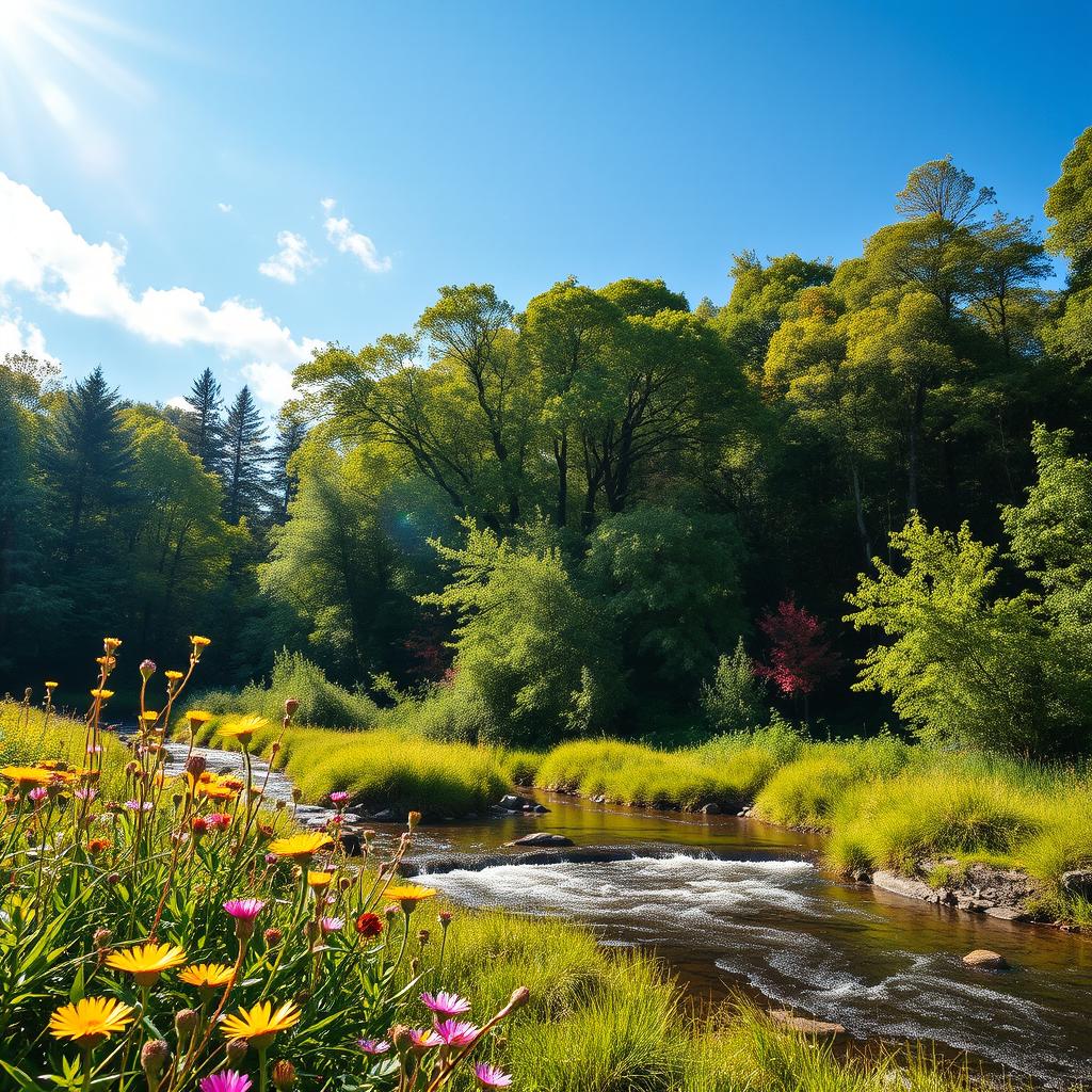 A beautifully edited landscape photograph showcasing a lush green forest with sunlight filtering through the leaves, illuminating the vibrant colors of nature
