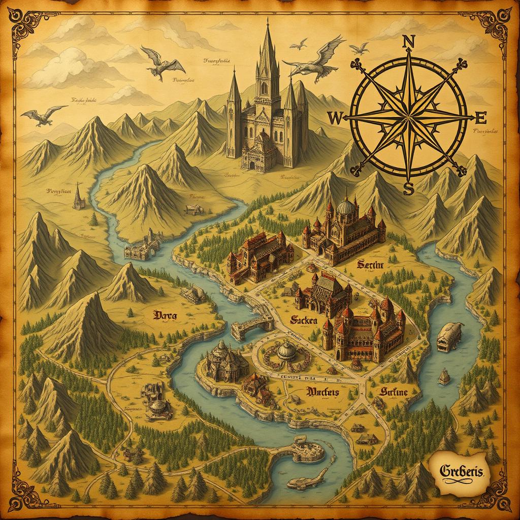 A detailed medieval map showcasing an expansive fantasy landscape, featuring rolling hills, towering mountains, dense forests, and rivers winding through the terrain