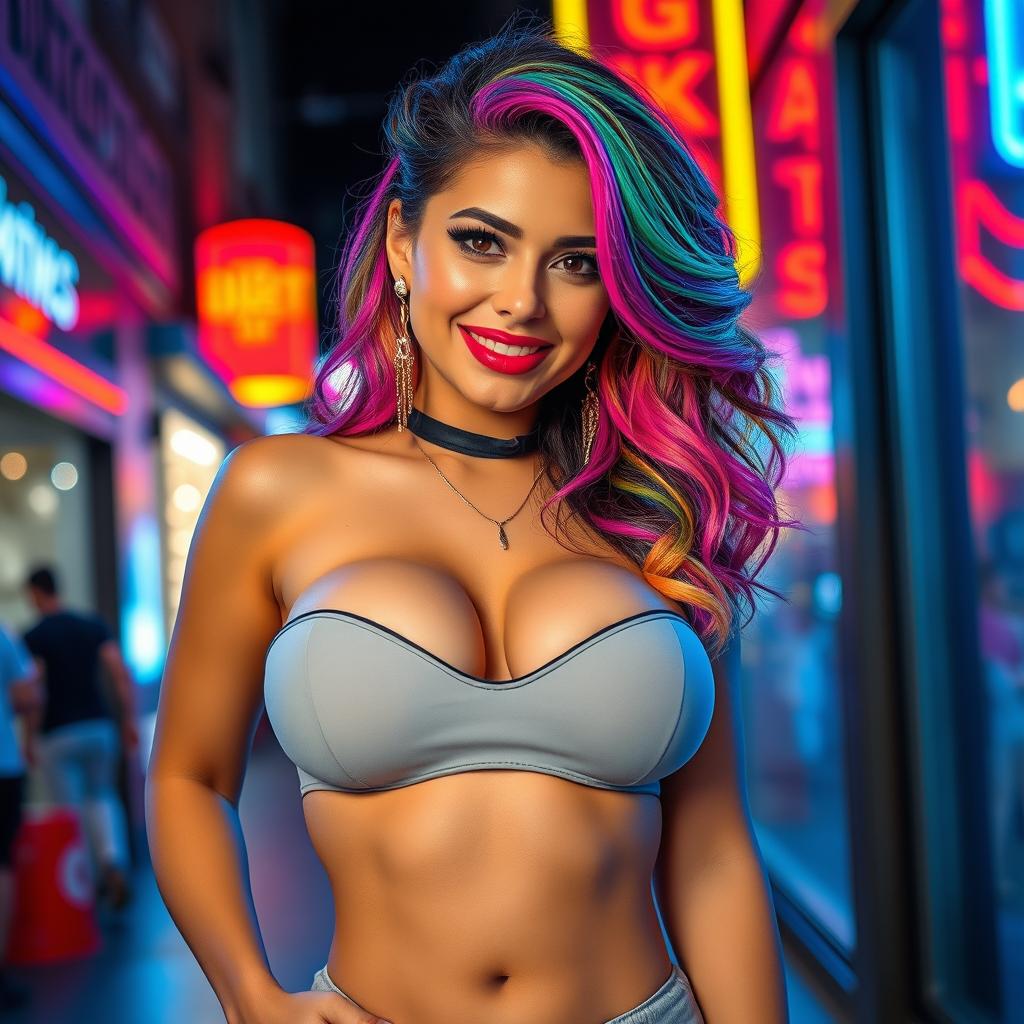 A striking and attractive Latina woman with large breasts and curvy hips, featuring vibrant rainbow-colored hair styled in a playful manner