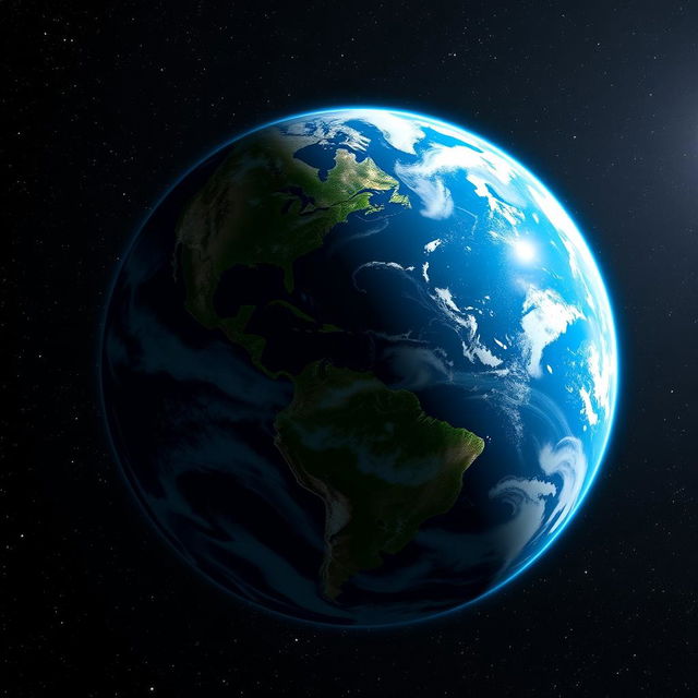 A picturesque view of Earth from space, showcasing vibrant blue oceans, swirling white clouds, and green landmasses illuminated by the sunlight