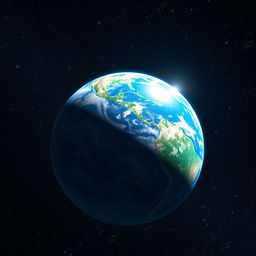 A picturesque view of Earth from space, showcasing vibrant blue oceans, swirling white clouds, and green landmasses illuminated by the sunlight