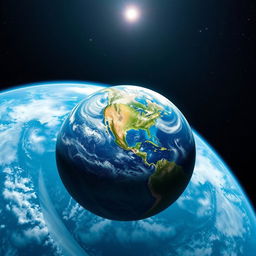 A picturesque view of Earth from space, showcasing vibrant blue oceans, swirling white clouds, and green landmasses illuminated by the sunlight