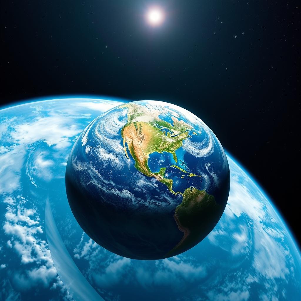 A picturesque view of Earth from space, showcasing vibrant blue oceans, swirling white clouds, and green landmasses illuminated by the sunlight