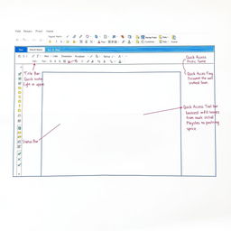 A visual representation of the Microsoft Word screen on an A4 sheet of paper, meticulously illustrating crucial elements such as the Title Bar, Ribbon, Quick Access Toolbar, Document Area, and Status Bar