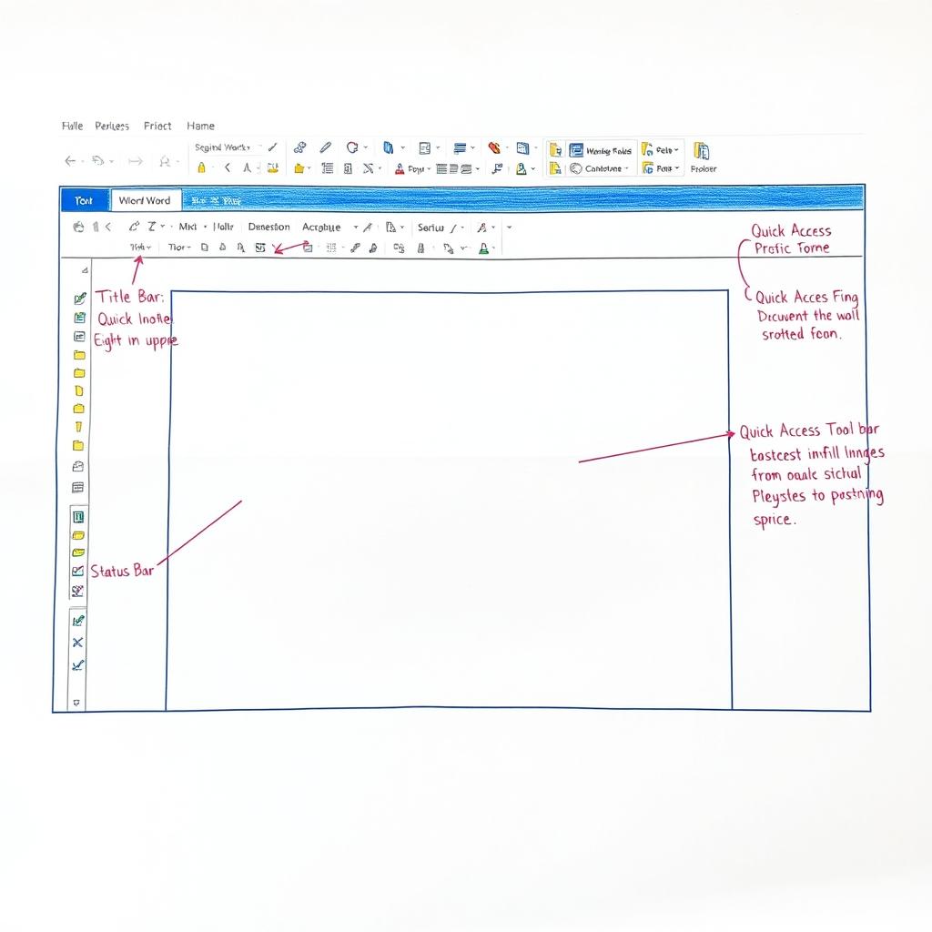 A visual representation of the Microsoft Word screen on an A4 sheet of paper, meticulously illustrating crucial elements such as the Title Bar, Ribbon, Quick Access Toolbar, Document Area, and Status Bar