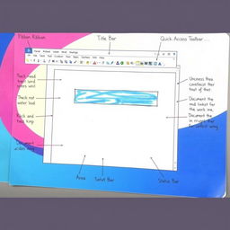 A visual representation of the Microsoft Word screen on an A4 sheet of paper, meticulously illustrating crucial elements such as the Title Bar, Ribbon, Quick Access Toolbar, Document Area, and Status Bar