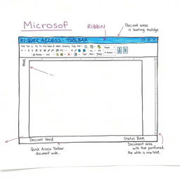 A visual representation of the Microsoft Word screen on an A4 sheet of paper, meticulously illustrating crucial elements such as the Title Bar, Ribbon, Quick Access Toolbar, Document Area, and Status Bar