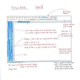 A visual representation of the Microsoft Word screen on an A4 sheet of paper, meticulously illustrating crucial elements such as the Title Bar, Ribbon, Quick Access Toolbar, Document Area, and Status Bar