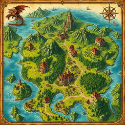 A sprawling medieval fantasy map filled with various detailed regions, including lush green forests, towering mountains, winding rivers, and expansive plains
