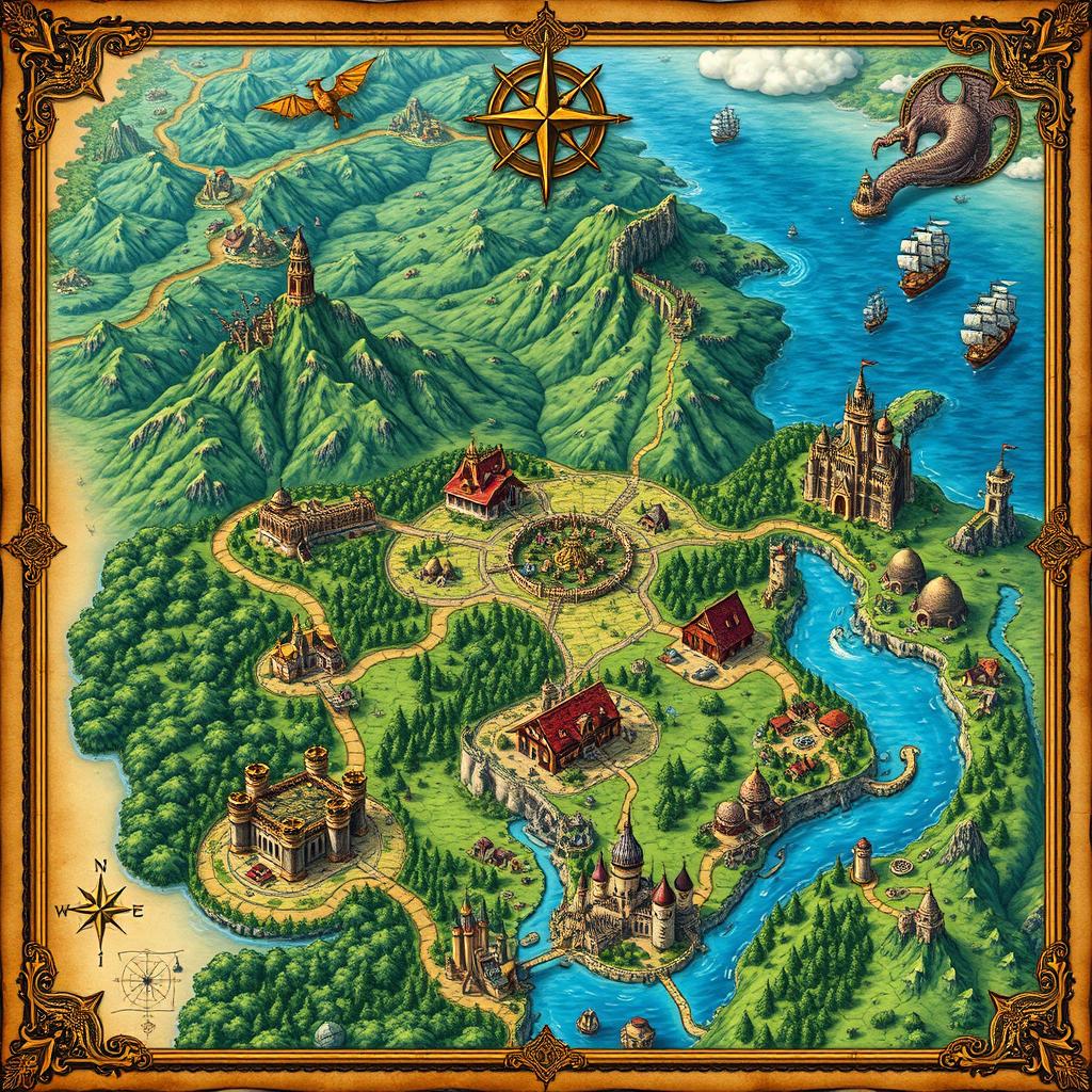 A sprawling medieval fantasy map filled with various detailed regions, including lush green forests, towering mountains, winding rivers, and expansive plains