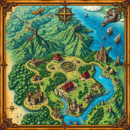 A sprawling medieval fantasy map filled with various detailed regions, including lush green forests, towering mountains, winding rivers, and expansive plains