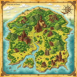 A sprawling medieval fantasy map filled with various detailed regions, including lush green forests, towering mountains, winding rivers, and expansive plains