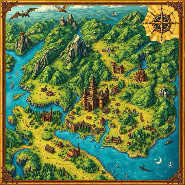 A sprawling medieval fantasy map filled with various detailed regions, including lush green forests, towering mountains, winding rivers, and expansive plains