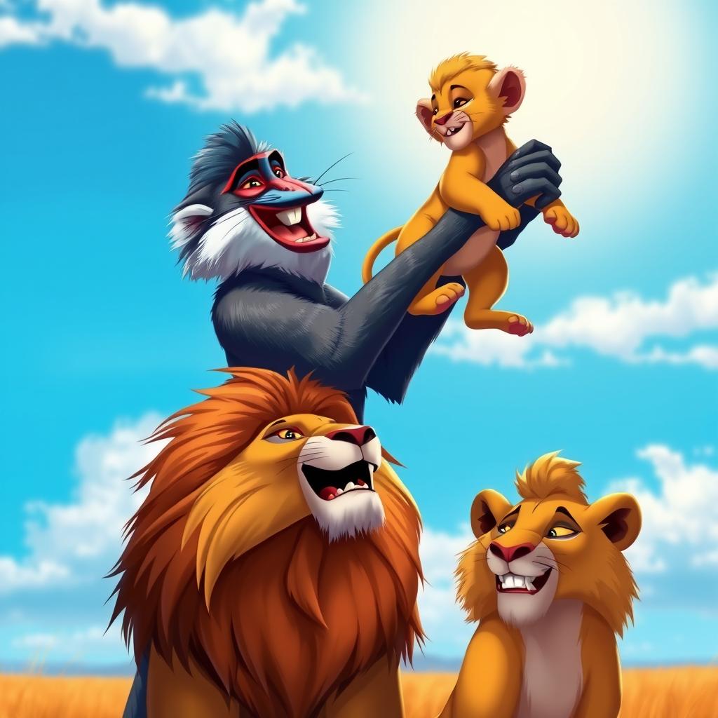 An artistic rendition of a scene inspired by The Lion King, featuring a wise mandrill holding a young lion cub in the air, symbolizes a moment of triumph and pride