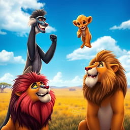 An artistic rendition of a scene inspired by The Lion King, featuring a wise mandrill holding a young lion cub in the air, symbolizes a moment of triumph and pride