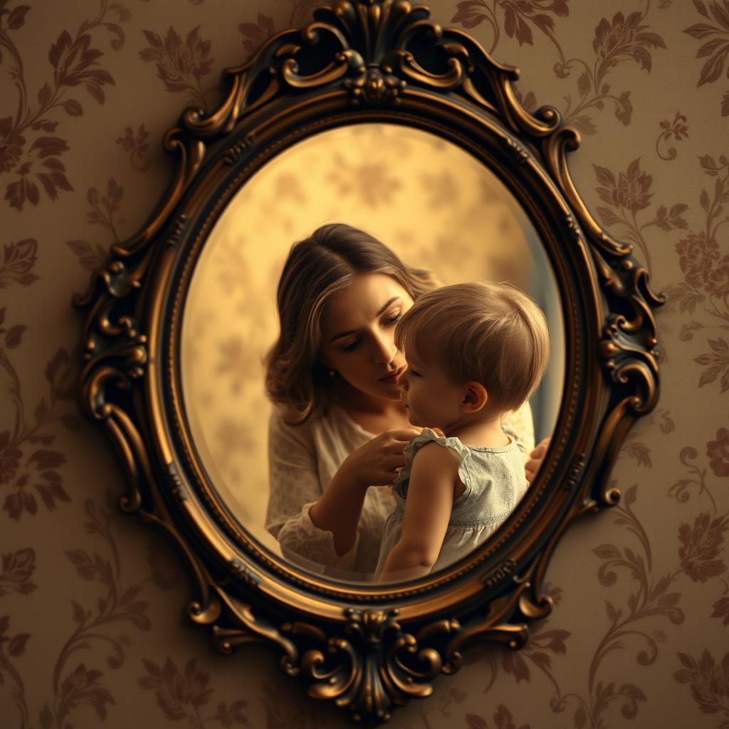 An elegant antique mirror set against a vintage wallpaper background