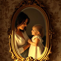 An elegant antique mirror set against a vintage wallpaper background