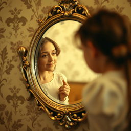 An elegant antique mirror set against a vintage wallpaper background