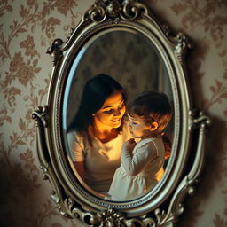 An elegant antique mirror set against a vintage wallpaper background