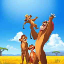 A scene inspired by the Lion King, featuring Rafiki the mandrill, holding young Simba high in the air