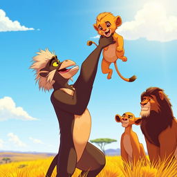 A scene inspired by the Lion King, featuring Rafiki the mandrill, holding young Simba high in the air