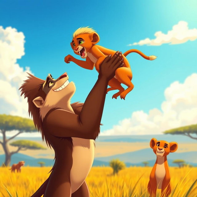 A scene inspired by the Lion King, featuring Rafiki the mandrill, holding young Simba high in the air