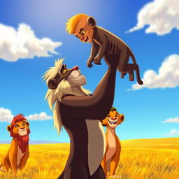 A scene inspired by the Lion King, featuring Rafiki the mandrill, holding young Simba high in the air